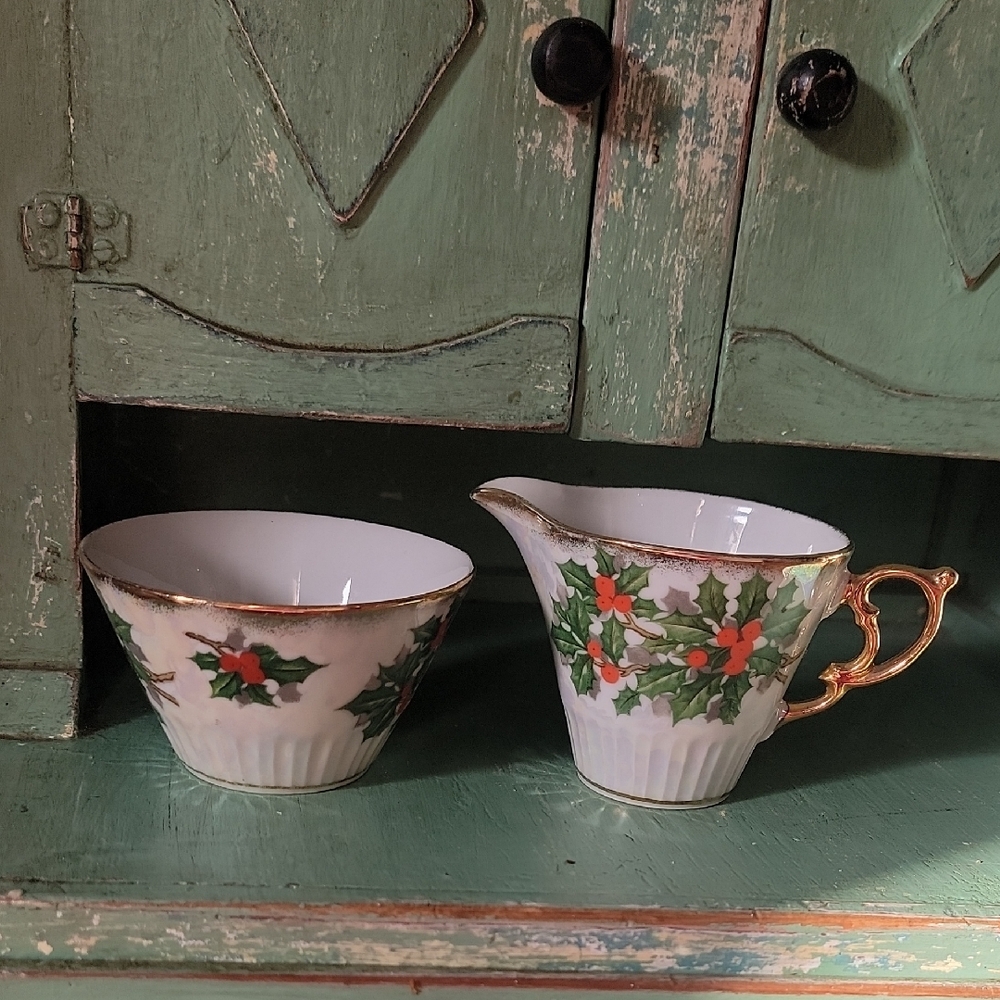 Festive Holly Creamer and Sugar Bowl Set Vintage Irredecent